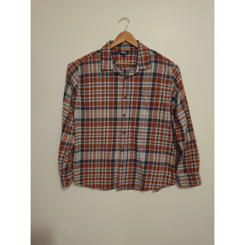 Eddie Bauer Flannel Shirt Mens XL Orange Brown Plaid Long Sleeve Button Down